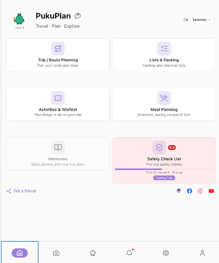 The home screen showing the six tiles — Trip / Route Planning, Lists & Packing, Activities & Wishlist, Meal Planning, Memories, and Safety Check List — so readers can see where the workflow starts