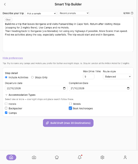 Smart Trip Builder with Your trip request filled in, Optional preferences open, and the Build Draft button visible