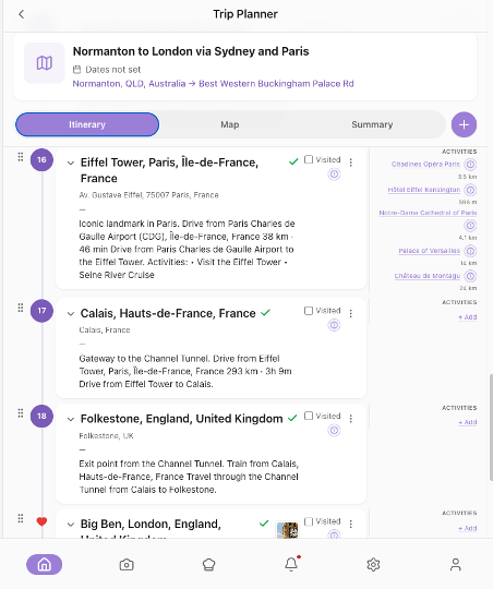 Itinerary with two hotel stops in different cities and arrive/depart dates visible