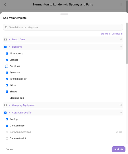 Packing-list menu showing Add from template, Add custom item, and Import from meal schedule
