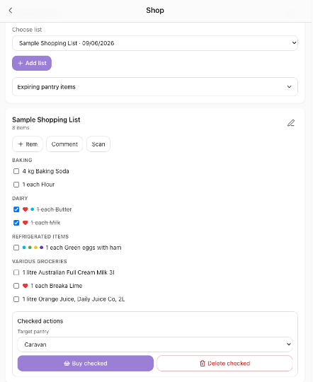Shop screen with Checked actions open, Target pantry set to a travel pantry, and Buy checked visible
