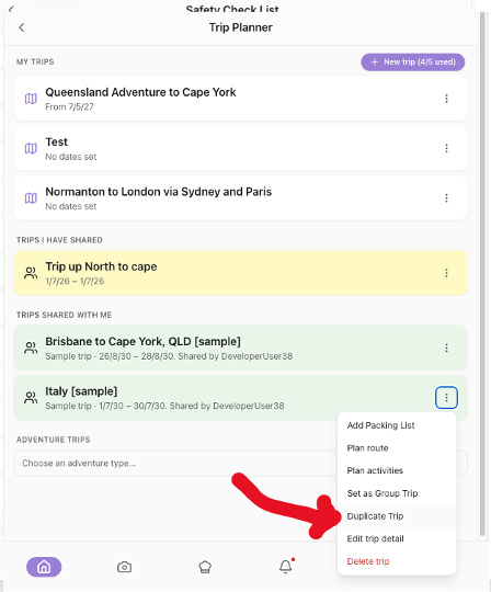 Smart Trip Builder review with a few stops locked, or the Summary itinerary table for a multi-week trip showing dates down the page